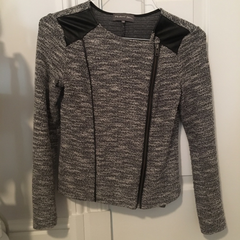 Work sweater, grey with black leather accents